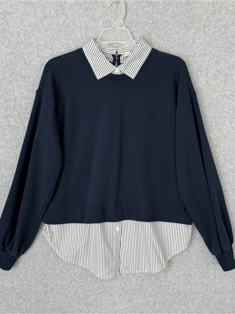 LOFT Stripe Poplin Layered Sweatshirt Pullover Navy Blue White Size Small Preppy